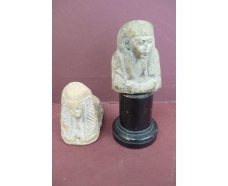 Two ancient Egyptian terracotta relics 1. Pharaoh holding measuring tools height 2.5ins, 2. Scarab Beatle with sphinx head se