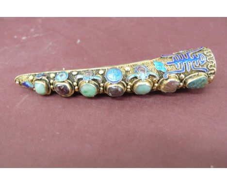 Chinese silver gilt and enamel finger jewelry inset with semi precious stones - length 2.4ins 