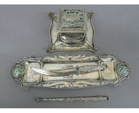 Omar Ramsden &amp; Alwyn C.E. Carr - Silver and green enamel pen tray marked 'N' with ribbon decoration to shaped borders on 