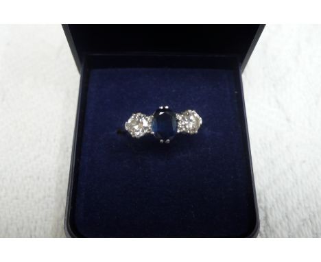 Platinum sapphire and diamond three stone ring - size M/N