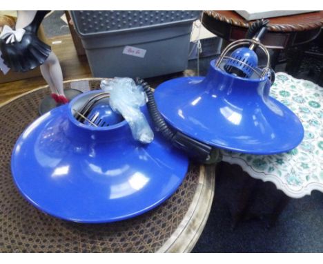 A pair of retro blue enamel hanging lights of "fisherman's" lamp type