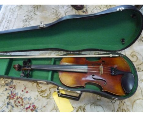 A full size violin, early 20th century, with two piece back, bearing label "R Murray Edinburgh 1928", cased with bow 37.5cm