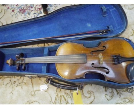 A full size German violin, late 19th century, bearing paper label and stamped "Hopf ", cased with bow 36.75cm