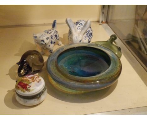 A group of ceramics and glass including two Russian blue and white glazed animal models, a studio glass bowl with aventurine 