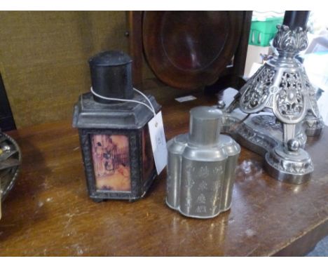 A Chinese pewter tea caddy c 1900 of hexagonal shape inset with reverse printed figural panels on glass together with a Chine