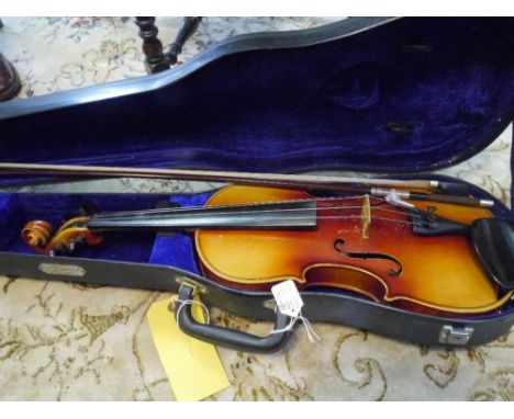 A modern full size Czech violin with two piece back and paper label, cased with bow 37.5cm