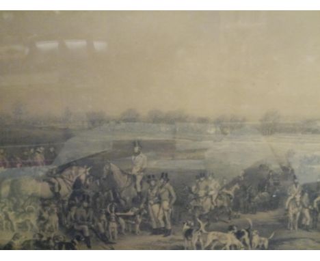 After Grant, a large 19th century black and white engraving of a hunting scene, in a gilt composition frame