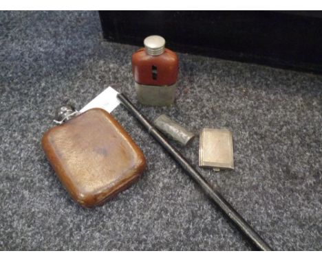 A group of 19th century and later gentleman's accessories comprising a hallmarked silver card case, pewter vesta case in the 