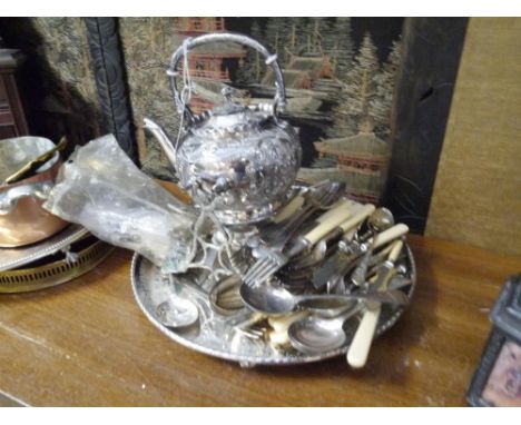 A Victorian silver plated hot water kettle on stand together with a group of silver plated flatware and some paste costume je