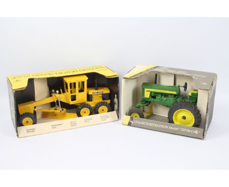 Ertl - 2 x boxed John Deere models in 1:16 scale, a 1957 720 Hi-Crop tractor # 5610 and a Motor Grader # 504. They both appea