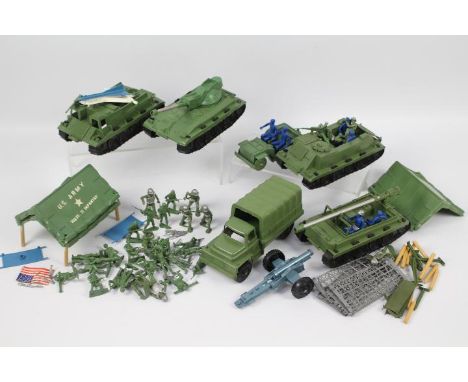 MPC - An unboxed and incomplete vintage 1960's MPC Armed Forces Battle Front Playset. The set includes Missile Launcher, Jeep