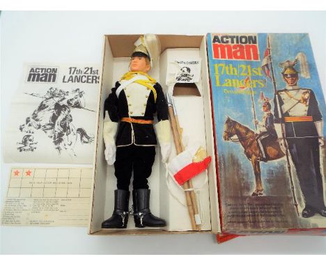Action Man by Palitoy - an original vintage Action Man figure, 17th / 21st Lancers with blonde flocked hair and original unif