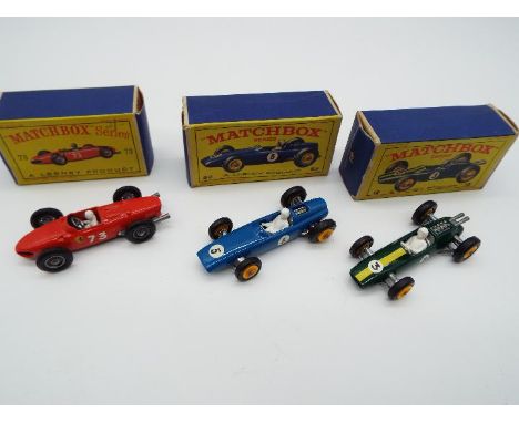 Matchbox by Lesney - three model Racing Cars comprising Ferrari # 73, red with black base and driver figure, Lotus # 19, gree