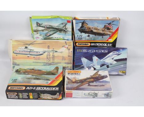 Matchbo, VEB Plasticart, Heller, MPM - Six boxed plastic model aircraft model kits. Lot includes VEB Plasticart MI-6 1:100 sc