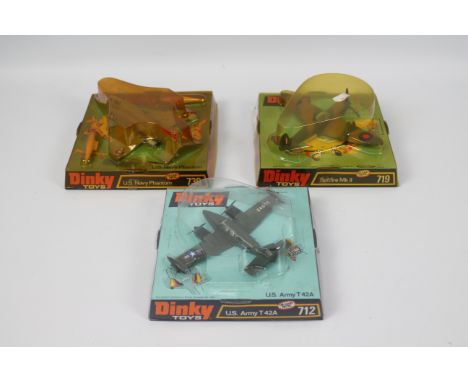 Dinky - 3 x Military aircraft models from the 1970s, U.S. Navy Phantom # 730, U.S. Army T42A # 712 and Spitfire MkII # 719. T