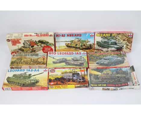 Esci, Airfix - Nine boxed military plastic model kits in 1:72 and 1:76 scales. Lot includes Ecsi #8072 M1A1 Abrams #8060 OTO 
