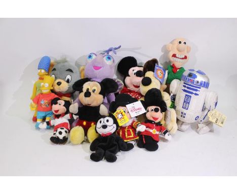 Disney - Mattel - 13 x TV and Film related soft toys including Micky Mouse, Wallace and Gromit, R2D2, Felix, Marge Simpson an