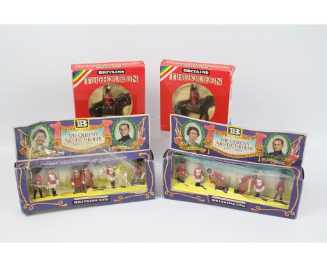 Britains - 4 x boxed figure sets, two Silver Jubilee sets # 7225 and two Queen on Horseback # 7232. The figures appear in Goo