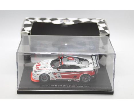 Ebbro Racing - A boxed 1:43 scale 2010 Nissan GT-R GT1 in Swiss Racing Team number 3 livery # 44355. The model appears Mint i