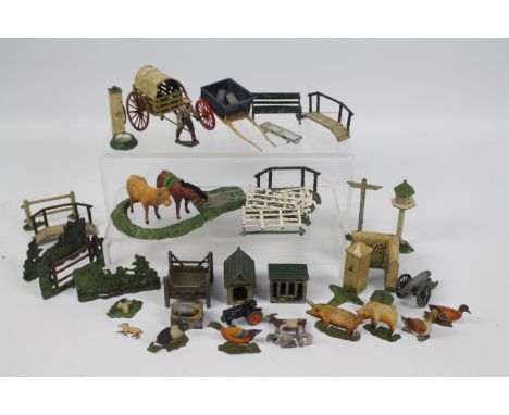 Britains - Cherilea - Crescent - Johillco - A collection of metal items including a Crescent handcart, Britains handcart, Bri