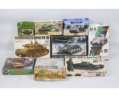 Tamiya, AFV Club, Airfix, Revell - 10 boxed military vehicle plastic model kits and kit accessories in various scales. Lot in