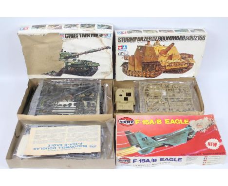 Tamiya, Airfix - Three boxed plastic model kits. Lot consists of Airfix 1;72 #05015-7 F-15 Eagle; Tamiya 1:35 Chieftain Mk.5 