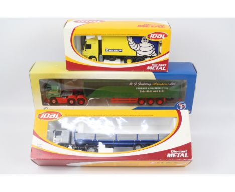 Joal - Cararama - 3 x truck models in 1:50 scale, a Volvo FH Curtainsider in R.F. Fielding livery # 569-009, a DAF 95 XF430 d