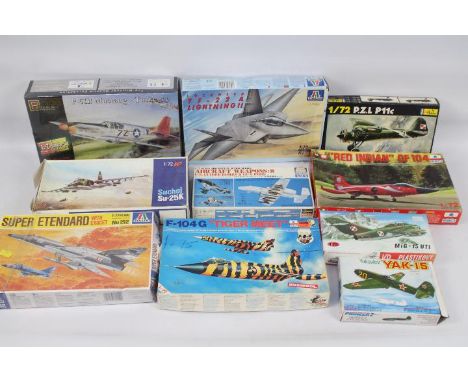 Italeri,KP, Heller, Pioneer, Hasegawa - 10 boxed plastic military aircraft model & accessory  kits in 1:72 scale. Lot include