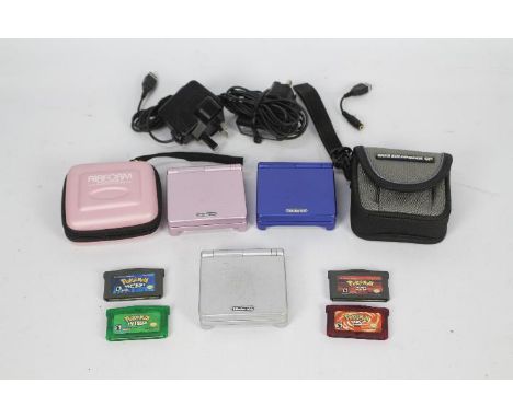 Nintendo - Game Boy - 3 x Game Boy Advance SP units in pink blue and silver, with two cases, two chargers and four Pokemon ga