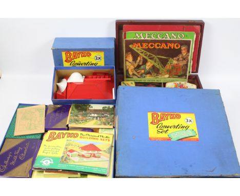 Meccano - Bayko - A Meccano No.4 set in a wooden case with instruction book, also a Bayko 3 x Converting Set and a Bayko 2 x 