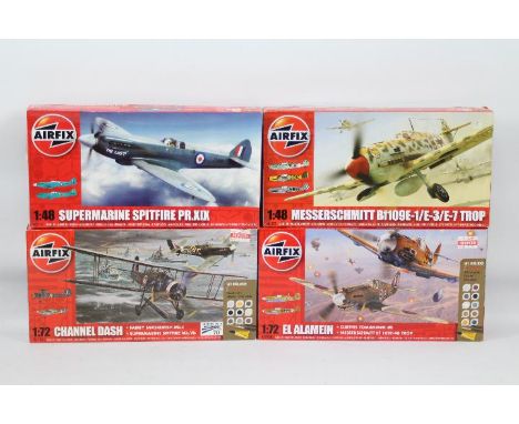 Airfix - Four boxed military aircraft plastic model kits. Lot consists of two Airfix 1:48 scale kits being AO5122 Messerschmi