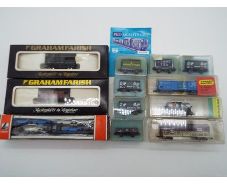 Graham Farish and Peco - 12 x boxed N gauge wagons, various to include a Lima car transporter # 32 0792, all appear ex+ in vg