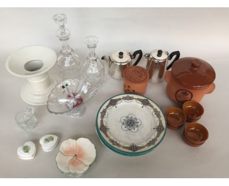 A mixed lot to include an EPNS tea pot and coffee pot with ebonised handle, a white ceramic ham stand, an Aynsley butterflies