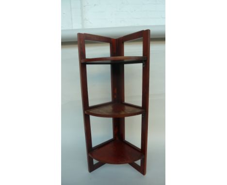 Folding mahogany 3 tier corner shelf 93cmH together with a whicker basket 
