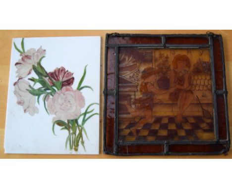 A stained glass window pane decorated with a Pre Raphaelite style design titled 'Day' of two young boys playing, 23 x 23cm to
