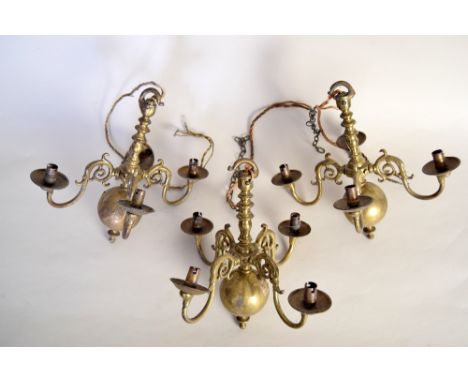 Three 18th century style four arm brass small light electroliers