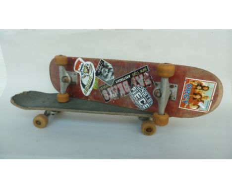 Two vintage 1980s skate boards with various stickers and Limited Edition Independant alloy wheels (2)