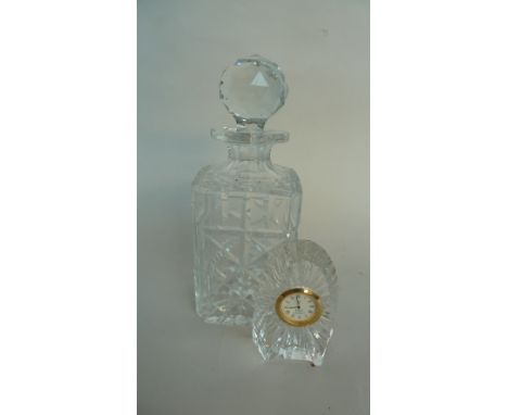 One cut glass decanter with stopper 25cmH together with a Royal Doulton glass clock  11.5 cmH