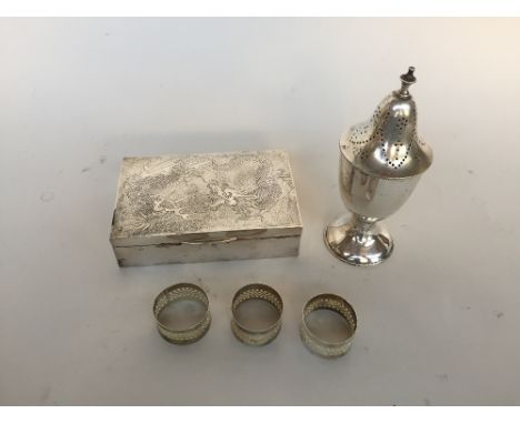 A Silver plated urn shape sugar caster on a spreading pedestal base 18cmH, three napkin rings with pierced decorations, a cig