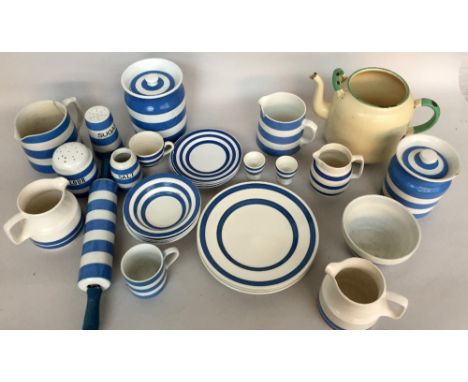 A selection of blue and white striped TG Green and Co. Cornish Kitchen Ware including jugs, rolling pin, egg cups, various st