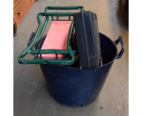 A basket of vintage gardening and general tools including a Twon and Country garden kneeler/stool, a Black and Decker drill