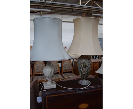 A lamp with decorative ceramic base decorated with flowers and birds together with a marble based lamp and shade (2)