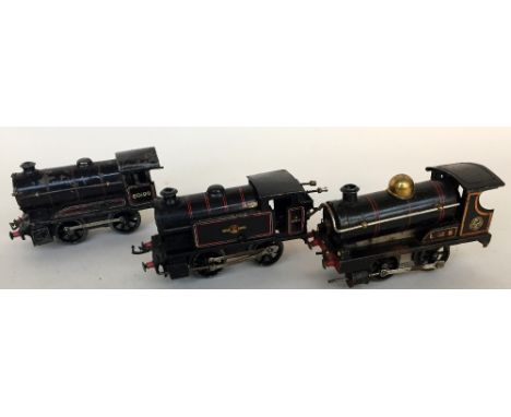 A selection of three tin vintage Hornby O gauge locomotive ,no.382011 in black BR livery, no 60199 in black livery and anothe