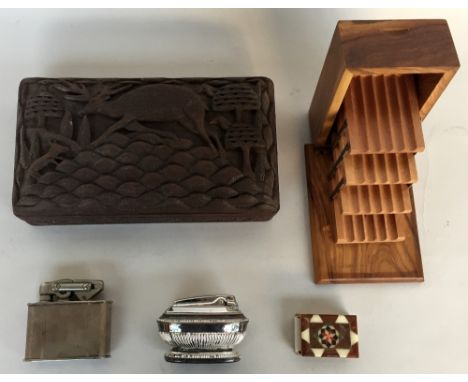 A mixed lot of smoking ephemera to include a Ronson lighter, an inlaid match box case, a lighter inscribed with the intitials