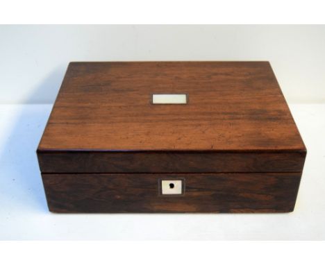 An antique box with mother of pearl inlay 30 x 22 x 10cm contents include two Faberge style eggs, a Kervitrex ceramic trinket
