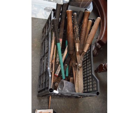 A box of vintage hedge shears, Spear and Jackson loppers and other garden tools