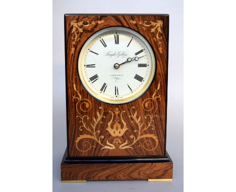 Knight and Gibbins Ebony and Rosewood mantel clock with marquetry inlay, striking on a bell, brass handle, 11.5cm white Roman