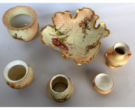 A small quantity of Royal Worcester Blush ivory items to include four vases decorated with floral sprays and bird over cream 