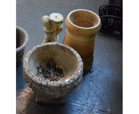 One composite stone garden urn together with a chimney planter and a cherub garden statue (3)