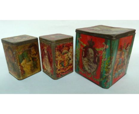 Three vintage Mazawattee Tea tins, two depicting Edward VII and Queen Alexandra and one other, largest 26cmH (3)